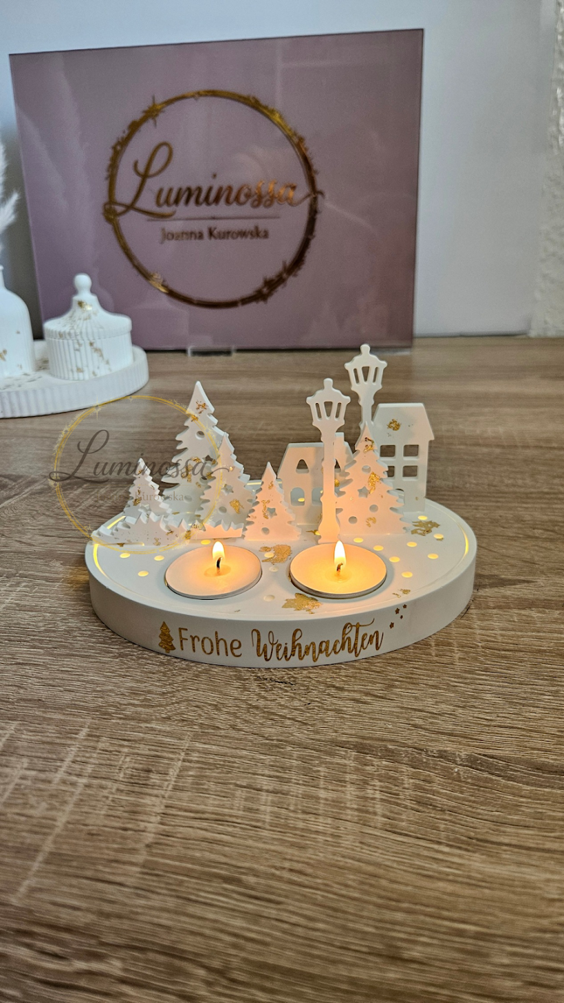 Weihnachtsdeko aus Gips mit LED und Teelichtern – Frohe Weihnachten