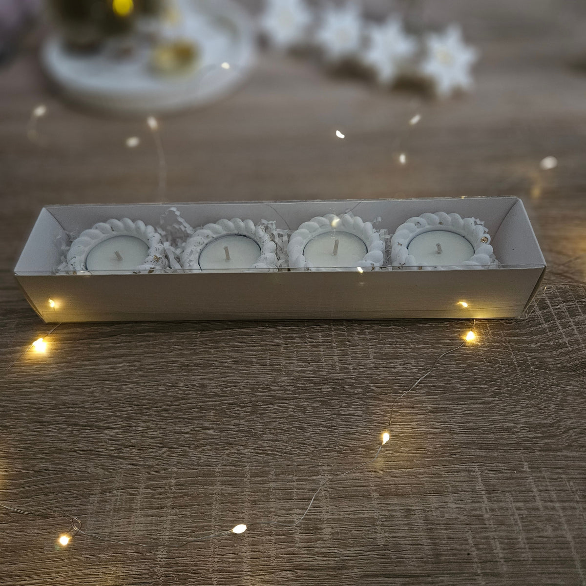 Teelichthalter Set Gips Handmade – 4er Set mit Sojateelichten – Geschenkbox